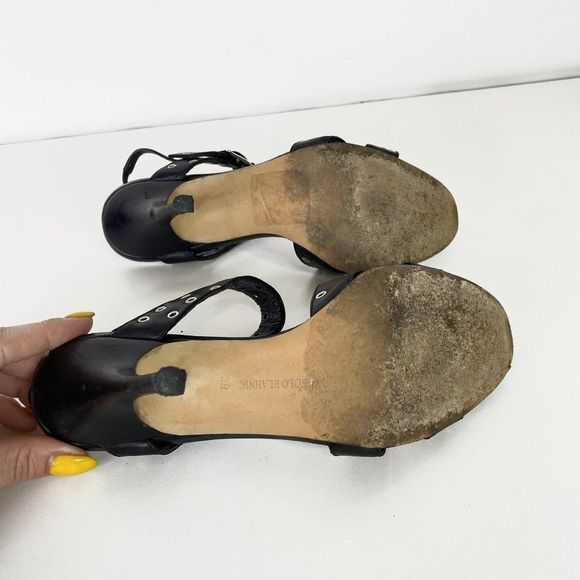 Manolo Blahnik Black Strappy Leather Heels with Silver Grommet Details - Picture 5 of 7